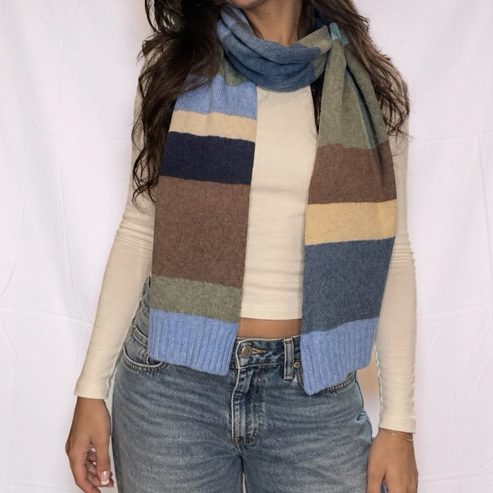 2000s J.Crew Multicolor Striped Knit Scarf Blue Brown Green 60"